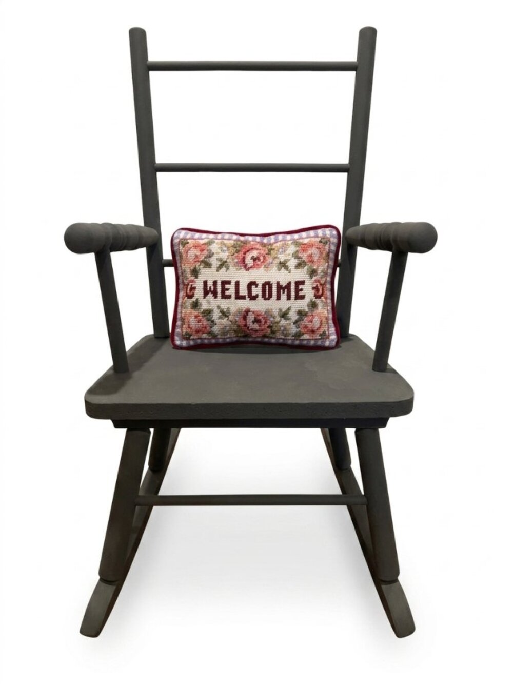 Handmade Vintage Needlepoint Welcome Pillow Floral Burgundy Velvet Cottagecore - Picture 2 of 4